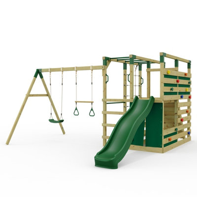 Rebo Outdoortoys Ninjaplay Climbing Frame Double Swing Set With Slide & Trapeze Bar For Kids from B&Q