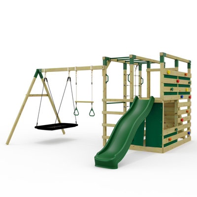 Rebo Outdoortoys Ninjaplay Climbing Frame Double Swing Set With SlideTrapeze Bar & Boat For Kids from B&Q