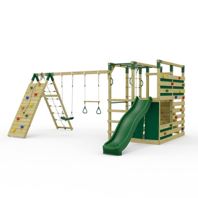 Rebo Outdoortoys Ninjaplay Garden Climbing Frame Double Swing Set With Climbing Wall And Slide & Trapeze Bar For Kids from B&Q
