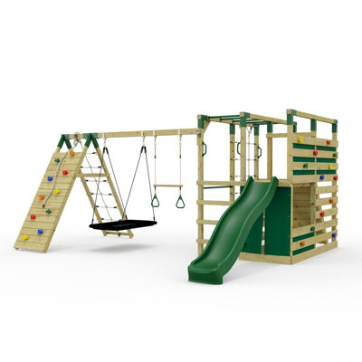 Rebo Outdoortoys Ninjaplay Garden Climbing Frame Double Swing Set With Climbing Wall And SlideTrapeze Bar & Boat For Kids from B&Q