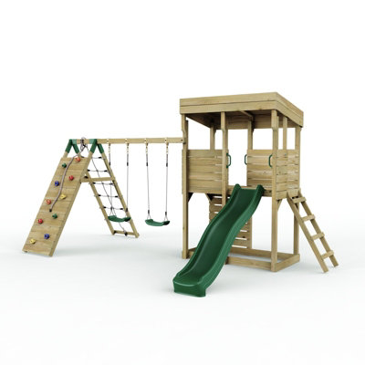 B&Q -  Xl Garden Lookout Tower Playhouse With Double Swing And Climbing Wall Plus Slide For Kids
