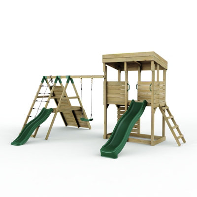 Rebo Xl Garden Lookout Tower Playhouse With Single Swing And Climbing Wall Plus Slides For Kids from B&Q