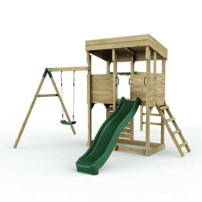 Rebo Xl Garden Lookout Tower Playhouse With Single Swing And Monkey Bars Plus Slide For Kids from B&Q