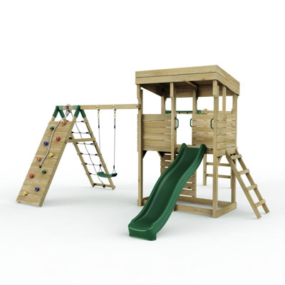 Rebo Xl Garden Lookout Tower Playhouse With Single Swing And Monkey Bars Plus Climbing Wall And Slide For Kids from B&Q