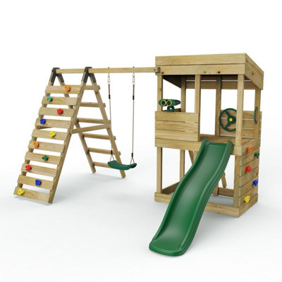 Rebo Wooden Garden Lookout Tower Playhouse With Swing And Climbing Wall Plus 6Ft Slide For KidsCrest from B&Q