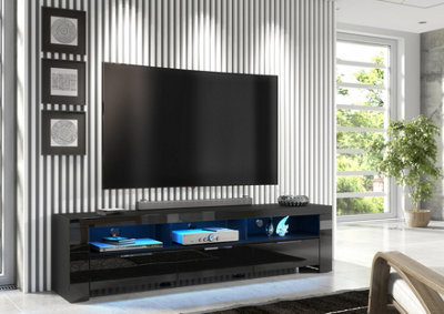 Furneo 200Cm Black Long Tv Stand Unit Cabinet Matt & High Gloss Blue Led Lights Phantom 10 from B&Q