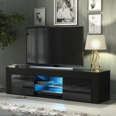 Creative Furniture Black Loom Tv Unit With High Gloss Doors And Led Lighting 130Cm