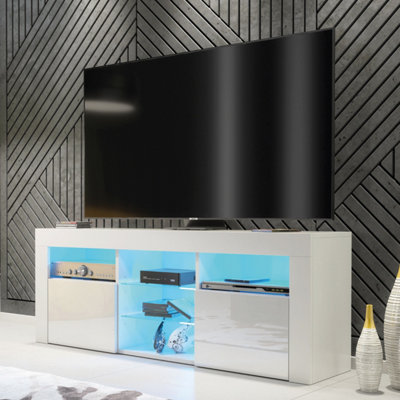 Creative Furniture White Pulse Tv Unit With High Gloss Doors And Led Lighting 145Cm