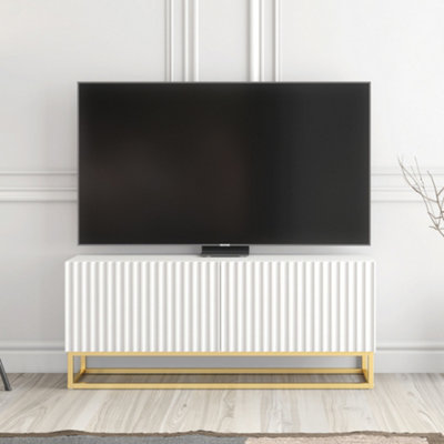 B&Q - Ripple Tv Unit 100Cm White Fluted Design With Push To Open DoorsCreative Furniture