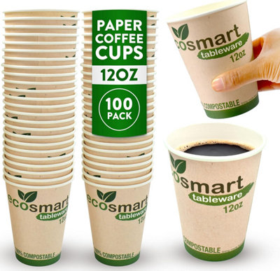 volila 100 Pack 12Oz Compostable Paper Coffee Cups Biodegradable Recyclable Cups For Hot Drinks, Tea, Coffee, Office & Café Use