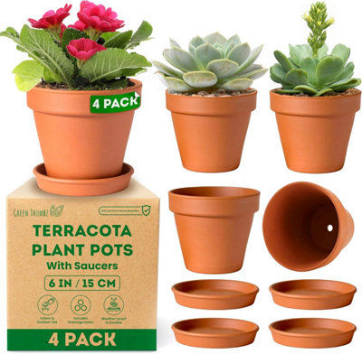 Green Thumbz Pack Of 4 Terracotta 15Cm Plant Pots With Saucer Planter Pot For FlowersHerbsSucculentsIndoor & Outdoor Plants from B&Q