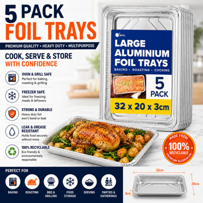 ebake 5 Pack Foil Baking TrayReusable Aluminium Tray For BakingBbq & ServingFreezerMicrowave & Oven Safe from B&Q