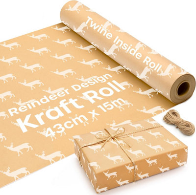 volila 15M Kraft Wrapping Paper Roll For Gifts Recyclable Eco-Friendly Gift Wrap With Reindeer Design & Twine 43Cm Wide