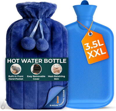 B&Q -  Xl 3.5L Hot Water Bottle Zip Cover & Front Pocket With Blue Faux Fur For Period Pain Relief Leak Resistant Bpa Free