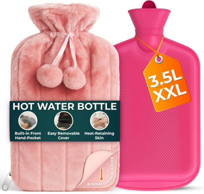 B&Q -  Xl 3.5L Hot Water Bottle Zip Cover & Front Pocket With Pink Faux Fur For Period Pain Relief Leak Resistant Bpa Free