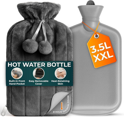 B&Q -  Xl 3.5L Hot Water Bottle Zip Cover & Front Pocket With Grey Faux Fur For Period Pain Relief Leak Resistant Bpa Free