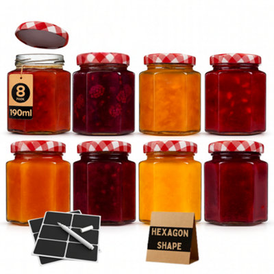 B&Q -  8 Pack Glass Jam Jars With Red Gingham Lids 190Ml With Labels And Pen For Homemade JamPreserving Fruits & Chutney