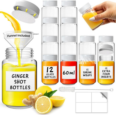 volila 12 Glass Shot Bottles With Lids60Ml  Leakproof Reusable Bottles For Ginger ShotsJuicesSauces & Diy Creations from B&Q