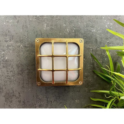 B&Q -  Navigator 09609 Outdoor Ip64 1 Light Square Bulkhead Light In A Raw Brass Finish
