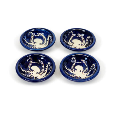 B&Q -  Signature Blue & White Octopus Hand Painted Ceramic Set Of 4 Tapas Bowls (Diam) 10Cm White