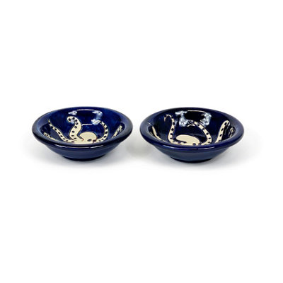 B&Q -  Signature Blue & White Octopus Hand Painted Ceramic Set Of 2 Tapas Bowls (Diam) 12Cm White