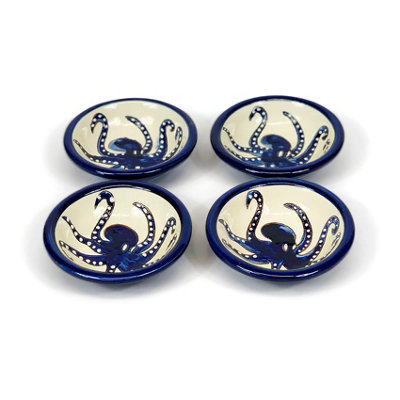 B&Q -  Signature Blue & White Octopus Hand Painted Ceramic Set Of 4 Tapas Bowls (Diam) 10Cm Blue