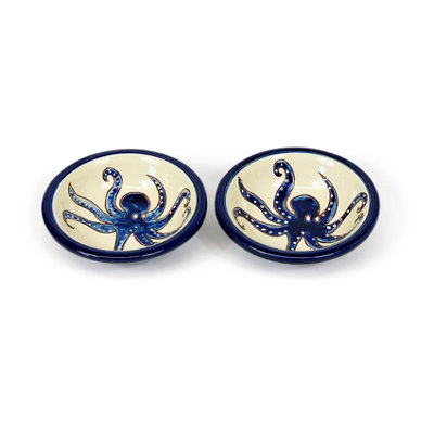 B&Q -  Signature Blue & White Octopus Hand Painted Ceramic Set Of 2 Tapas Bowls (Diam) 12Cm Blue