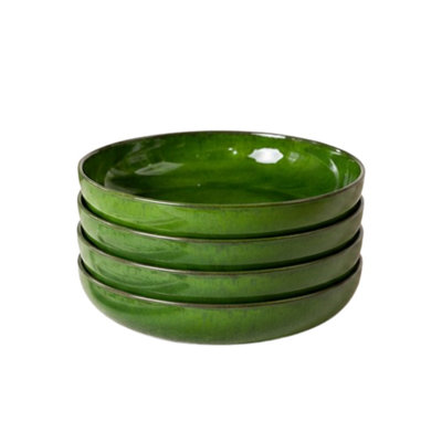 B&Q -  Selena Glazed Hand Dipped Kitchen Dining Set Of 4 Shallow Bowls Dark Green (Diam) 18Cm