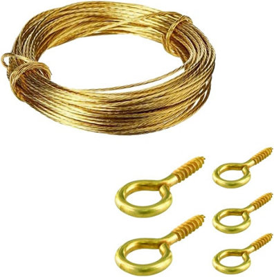 SISI UK Brass Picture Hanging Wire Cable Cord 6 Meters With 20Pcs Eye Screw Hooks 19mm Brass Plated Hook Eye Bolts Screw In Hooks Hanger from B&Q