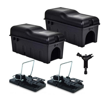 B&Q -  Rat Bait Boxes Black Tamper-Proof With Rat Snap Traps Rat Poisoning Bait Boxes Snap Trap Combo Kit (2 Solo Boxes+2 Rat Snap Traps)