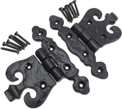 Sisi UK Black Antique Style Door Hinges 89mm Fancy Rustic Ornate Unequal Cabinet Hinges Vintage Cast Iron Hinge Wardrobe Cupboard (1Pair) from B&Q