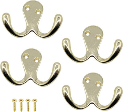 Sisi UK Brass Double Prong Robe Hooks Pack Of 4 Wall Mounted Coat Hat Towel Door Hangers Retro Metal Finish 50mm X 78mm from B&Q