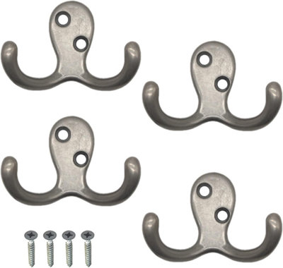 Sisi UK Satin Nickel Double Prong Robe Hooks Pack Of 4 Wall Mounted Coat Hat Towel Door Hangers Retro Metal 50mm X 78mm from B&Q