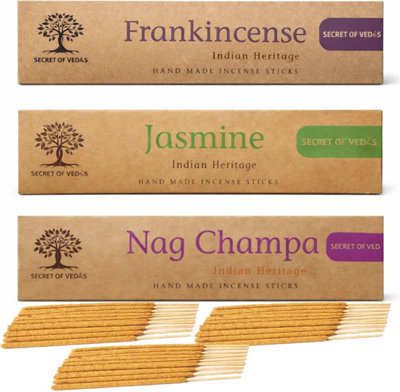 SECRET OF VEDAS Incense Sticks Set 20G X 3 Packs Nag Champa Jasmine Frankincense Hand Rolled Agarbatti For Meditation Yoga Prayer Home Fragrance from B&Q