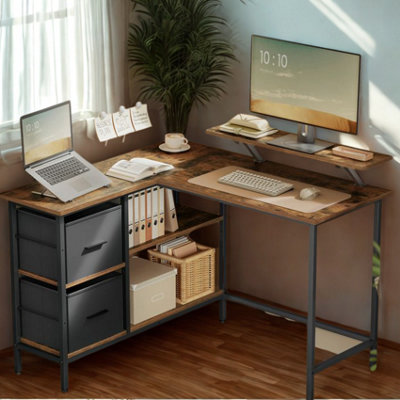 B&Q -  Industrial Rustic L-Shaped Corner Computer Desk With Drawers