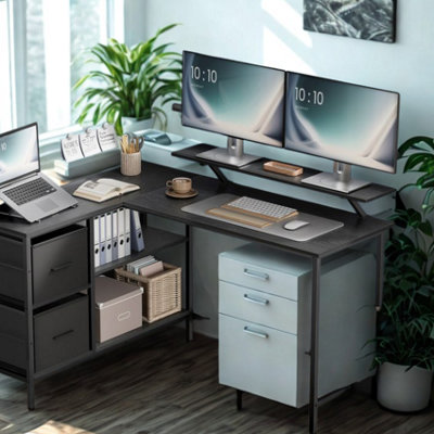 B&Q -  Industrial Rustic L-Shaped Corner Computer Desk With Drawers Black