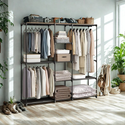 FURNOLD Metal Clothes Rail Open Wardrobe With Storage Shelves Black from B&Q