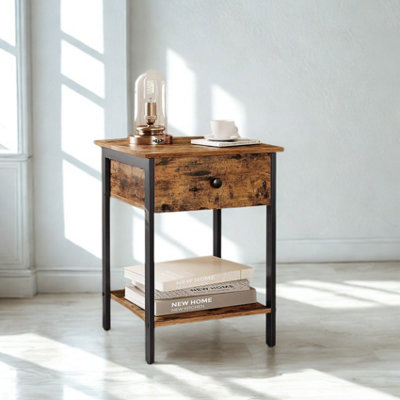 Industrial Bedside Table Nightstand With Drawer And Shelf Rustic Brown from B&Q