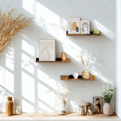 Furnold Brown Set Of Wall Mounted Shelves Industrial Rustic Size 3