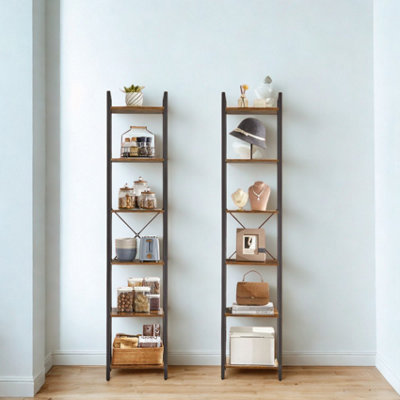 FURNOLD Industrial 6 Tier Tall Narrow Bookcase Shelves Rustic Brown from B&Q