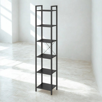 FURNOLD Industrial 6 Tier Tall Narrow Bookcase Shelves Black from B&Q