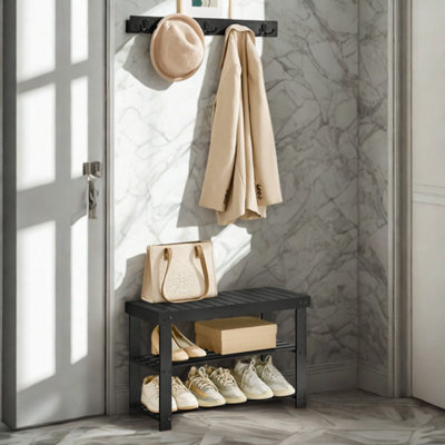 B&Q -  3 Tier Bamboo Shoe Bench Rack With Coat Hooks
