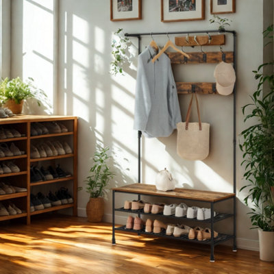 Entryway Hall Tree Coat Rack Stand With Shoe Storage And Hooks from B&Q