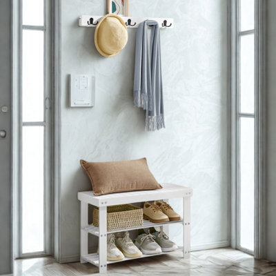 B&Q -  3 Tier Bamboo Shoe Bench Rack With Coat Hooks White