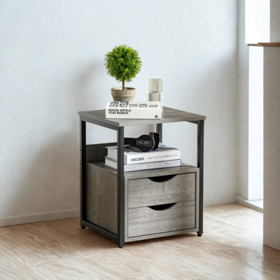  - Industrial Bedside Table Nightstand With 2 Drawers And Shelf Greige