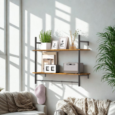 FURNOLD 2 Tier Wall Mounted Floating Shelf With Hanging Rail And Hooks from B&Q