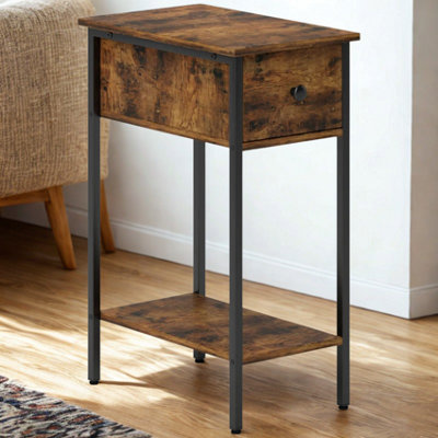2 Tier Narrow Side End Table With Drawer Rustic from B&Q