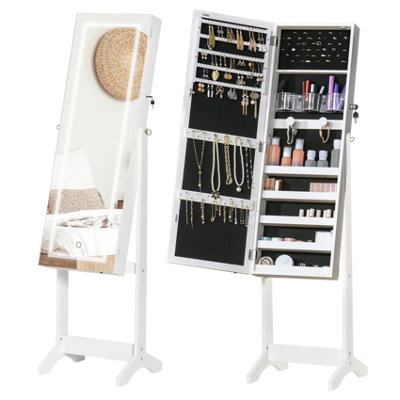 Free Standing Mirror Lockable Jewellery Cabinet 360 Swivel Organiser With Led Lights White from B&Q