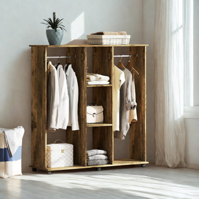 FURNOLD Open Wardrobe Clothes Rail With Storage Shelves On Wheels Rustic from B&Q