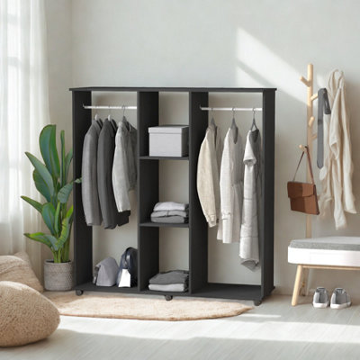 FURNOLD Open Wardrobe Clothes Rail With Storage Shelves On Wheels Black from B&Q